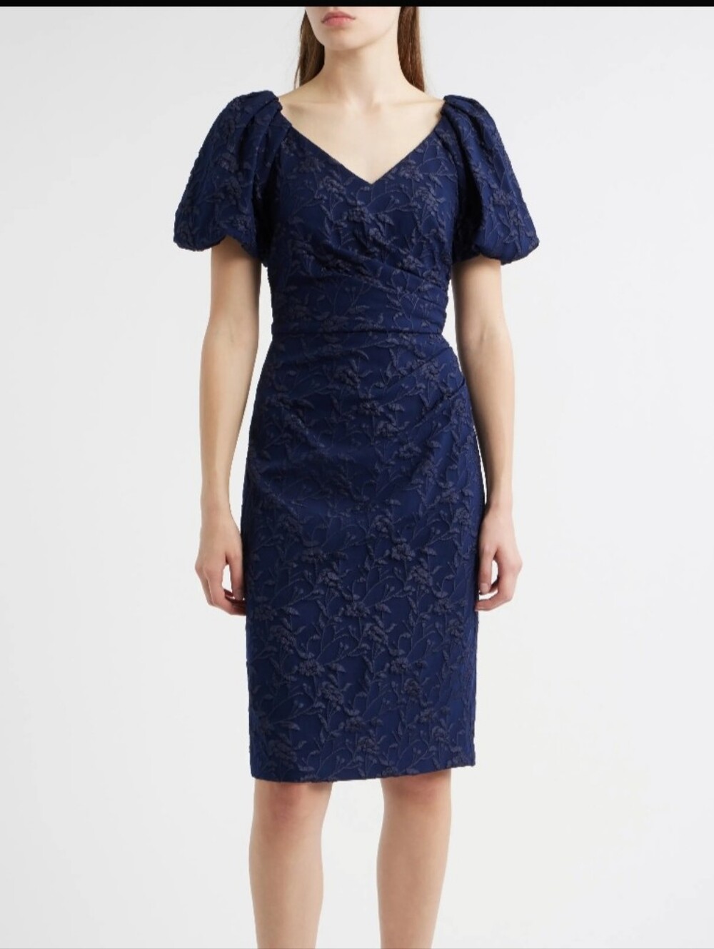 Eliza J Navy Blue Floral Jacquard Puff Sleeve Sheath Dress Size 2 NWT Feminine